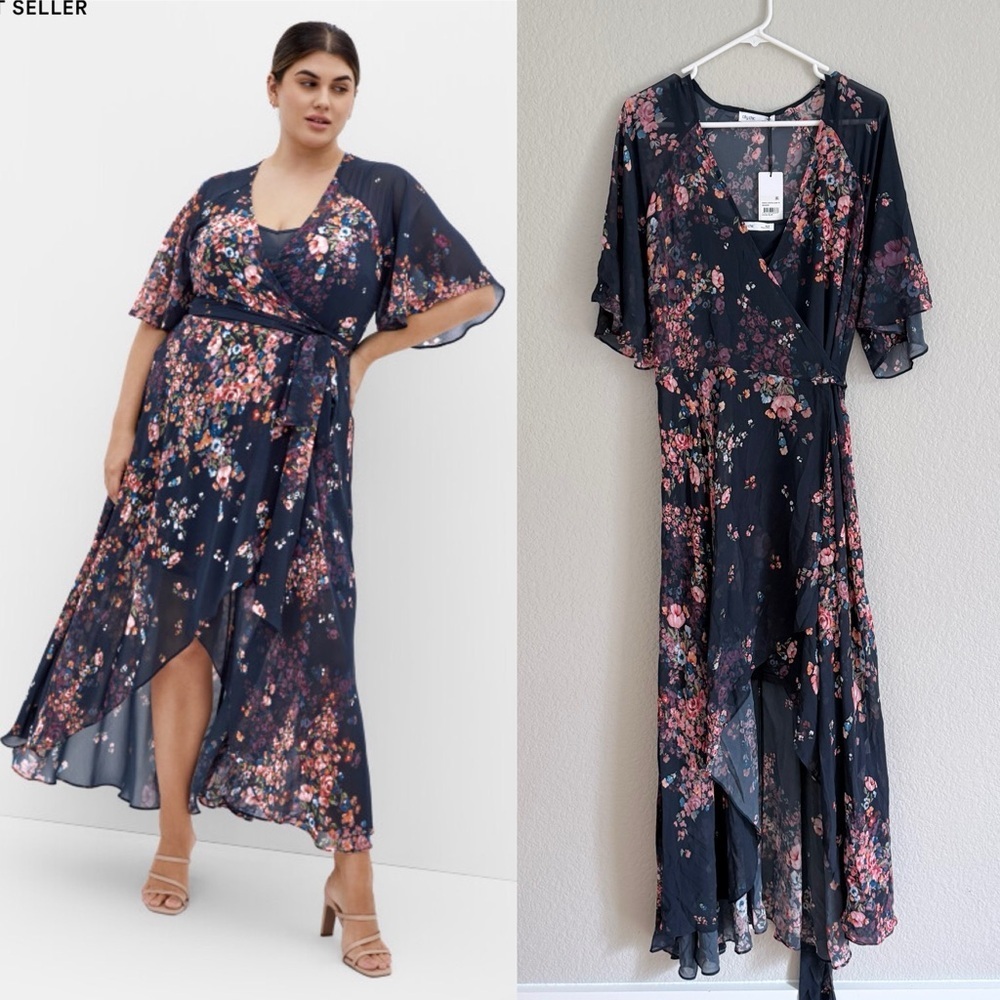 City Chic Plus Size Lovers Lane Navy Floral Print High Low Wrap Dress